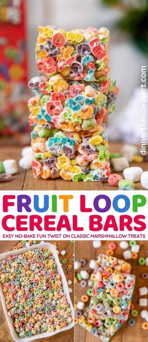 Fruit Loop Treats, Cereal Treat Bars, Cereal Bars Homemade, Rainbow Recipes, Cereal Bars Recipes, Fruit Loops Cereal, Rainbow Snacks, Snacks Kids, Krispie Treats Recipe