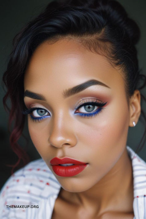 Stunning Festive 4th of July Makeup Ideas Red White And Blue Makeup Simple, Blue Makeup Red Lips, Labor Day Makeup, Blue Red Makeup, Blue Eye Looks, Red White And Blue Makeup, 4th Of July Makeup Ideas, 4th Of July Makeup Looks, July Makeup Ideas