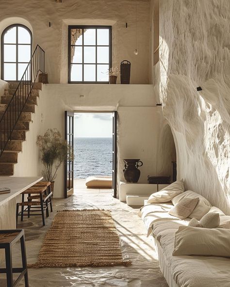 Jean Jacques Colangelo | Concept of a living space with sea view | Project made with AI Architettura Organica Organic Architecture Casa… | Instagram Organic House Design, Wabi Sabi House, Mediterranean Interior, Design Villa, The Cliff, Organic Architecture, Mediterranean Homes, Dream House Interior, Sea View