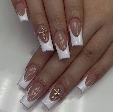 Cross Nails, Girly Acrylic Nails, French Tip Acrylic Nails, Blush Nails, French Acrylic Nails, Long Square Acrylic Nails, Acrylic Nails Coffin Short, White French, Short Acrylic Nails Designs