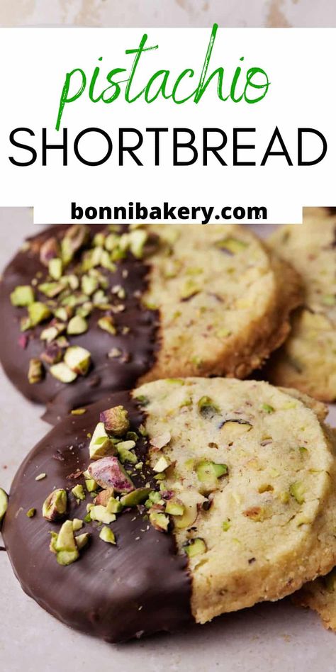 These pistachio shortbread cookies are buttery and crumbly shortbread packed with pistachio nuts and dipped in dark chocolate. They are a super easy cookie recipe with just 3 ingredients - plus the pistachios and chocolate. These slice-and-bake cookies make a great gift for the holidays, as christmas cookies, or just to enjoy as a delicious easy dessert. Scottish shortbread recipe with a fun twist. #shortbread #easycookies #cookierecipes #pistachiodesserts #baking #pistachiocookies #cookies Scottish Shortbread Recipe, Pistachio Shortbread Cookies, Pistachio Shortbread, Easy Dessert Ideas, Scottish Shortbread, Easy Cookie Recipe, Christmas Cookie Recipes Holiday, Pistachio Recipes, Shortbread Recipe