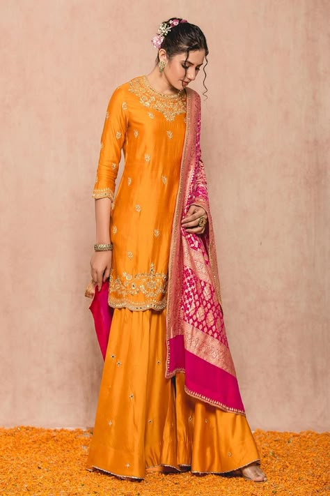 Buy Surbhi shah Yellow Cotton Silk Kurta Sharara Set Online | Aza Fashions Yellow Sharara, Designer Lehnga Choli, Bandhani Dupatta, Haldi Outfits, Kurta Sharara Set, Haldi Outfit, Mustard Orange, Kurta Sharara, Traditional Attires