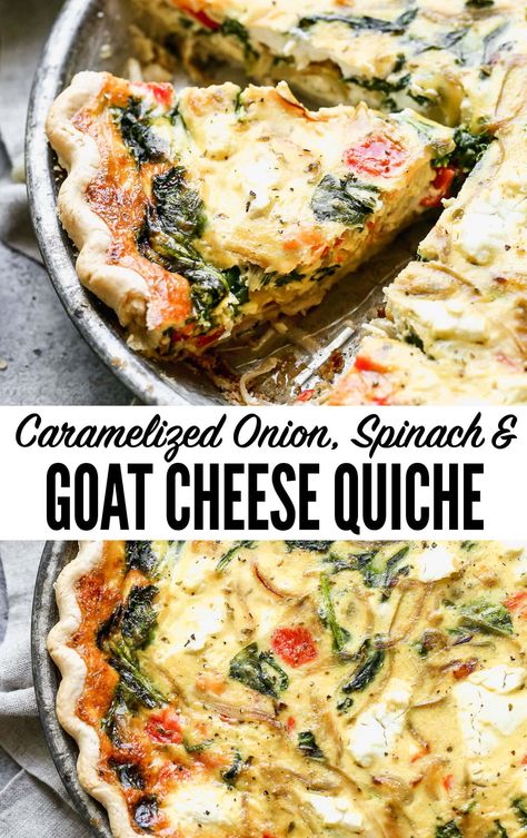 This caramelized goat cheese quiche with spinach has rich flavors, a creamy filling, and a crisp, buttery crust. Perfect for brunch or weeknight meals! Quiche With Spinach, Spinach Goat Cheese, Goat Cheese Quiche, Gut Diet, Vegetarian Quiche, Veggie Quiche, Quiche Recipes Easy, Goat Cheese Recipes, Cheese Quiche