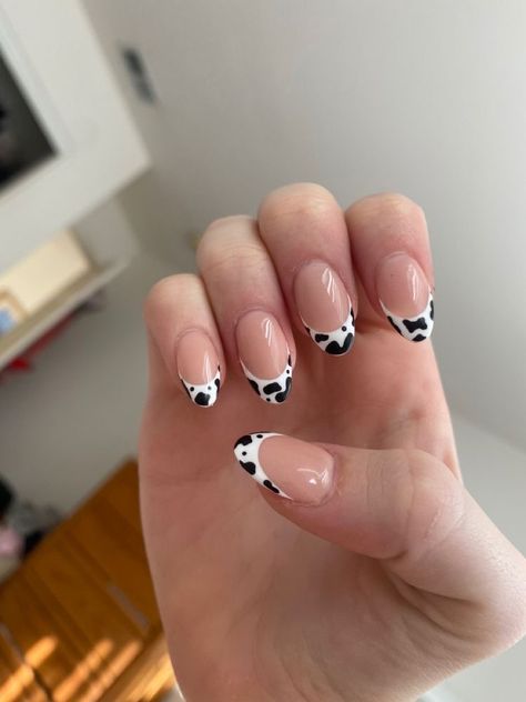 Nails For Western, Cow Print French Tips Almond, Cute Cowgirl Nails Short, Simple Nail Designs Cow Print, Short Acrylic Nails Almond Cow Print, Nail Cow Designs, Cow Print Nail Designs Acrylic, Simple Cow Nail Designs, French Nails Cow Print