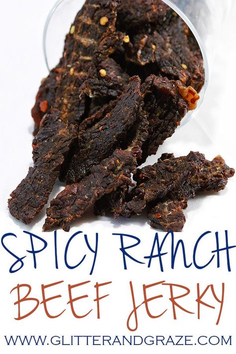 spicy ranch beef jerky Oven Beef Jerky, Peppered Beef Jerky Recipe, Jerky Marinade Recipes, Beef Jerky Recipe Dehydrator, Jerky Recipes Dehydrator, Deer Jerky Recipe, Oven Jerky, Jerkey Recipes, Jerky Marinade