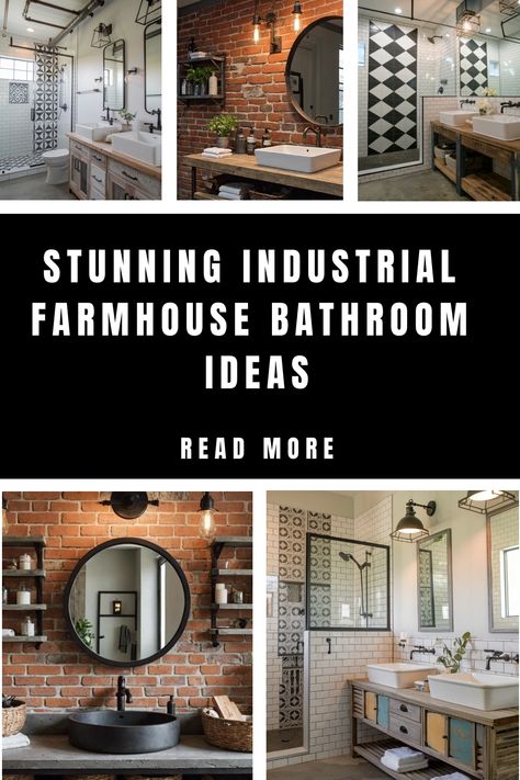 Stunning industrial farmhouse bathroom ideas with brick walls, round mirrors, and geometric tiles. Masculine Farmhouse Bathroom, Modern Rustic Guest Bathroom, Industrial Half Bath, Industrial Farmhouse Style, Industrial Bathroom Decor Ideas, Industrial Farmhouse Bathroom Ideas, Industrial Chic Bathroom, Industrial Restroom, Farmhouse Industrial Bathroom