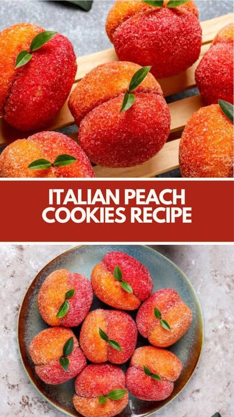 Italian Peach Cookies recipe made of soft, buttery dough filled with sweet peach preserves, resembling the shape and color of real peaches serve 8 takes about 1 hour to prepare and bake, making them a delightful treat for any occasion. Italian Apricot Filled Cookies, Easy Peach Cookies, Peach Shaped Cookies, Italian Peach Cookies Recipes, Peach Jam Cookies, Peaches And Cream Cookies, Peach Deserts Ideas, Peach Baked Goods, Peach Cookies Decorated