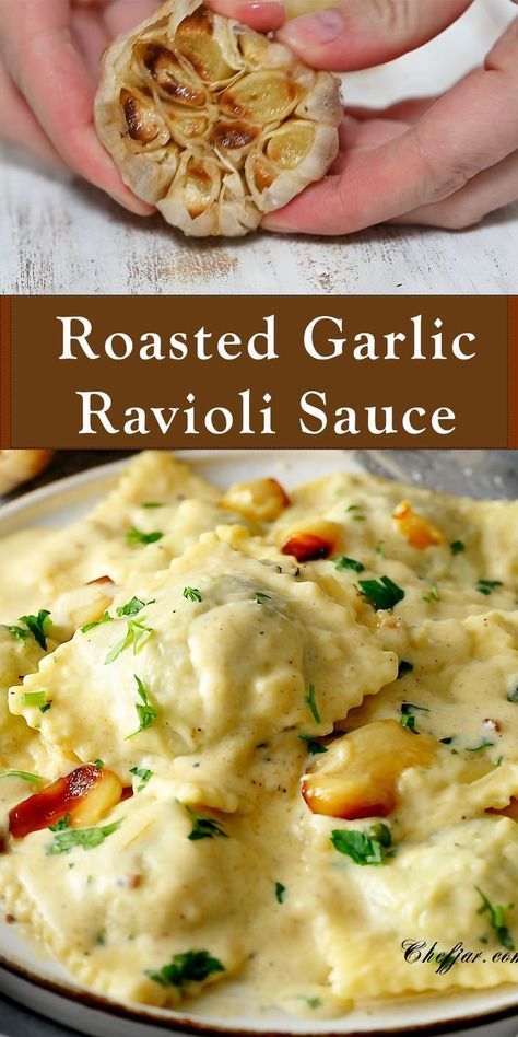 You will love this ravioli with this dreamy, creamy garlic sauce! Meals With Onions, Small Portion Meal Recipes, Homemade Ravioli Sauce Recipe, Homemade Toasted Ravioli, Rana Chicken And Roasted Garlic Ravioli, Stuffed Ravioli Recipes Sauces, Heart Ravioli Recipe, Ravioli Lemon Butter Sauce, Ravioli Stuffing Recipe