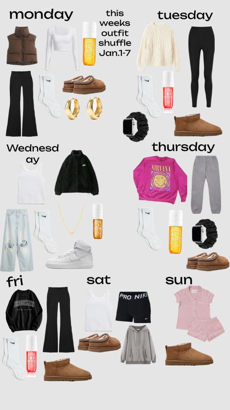 this weeks January’s outfits! What To Wear For Shopping, Outfit For Everyday Of The Week, Adorable Winter Outfits, Thanking Outfits, Shopping Outfit Ideas Winter, How To Style A Windbreaker, January Aesthetic Outfit, Normal School Outfits, Weekly Outfit Planner For School