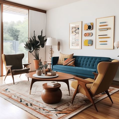 Retro Design Living Room, Art Deco Mcm Living Room, Retro Vintage Home Interior Design, Bold Mid Century Modern Living Room, 60s Style Interior, Vintage Art Living Room, Art Deco Mid Century Modern Living Room, Eccentric Mid Century Modern, Retro Fun Interior Design