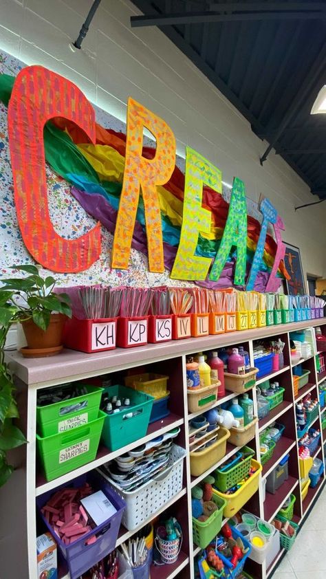 Classroom Art Station, Preschool Art Room Set Up, Art Project Bulletin Boards, Art In The Classroom, Art Wall In Classroom Ideas, Art Room Preschool, Art Area Bulletin Board Preschool, Art Corner In Classroom, Preschool Art Classroom