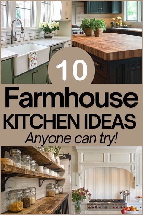 Create a cozy, rustic kitchen with these farmhouse kitchen ideas! From open shelving to barn doors, discover how to bring farmhouse charm to your home. Read the full article for inspiration! #FarmhouseKitchen #KitchenDesign #RusticDecor #HomeDecorIdeas #DIYHome Kitchen Ideas For Small Spaces Farmhouse, Rustic Farmhouse Kitchen Shelves, Open Cabinets In Kitchen Farmhouse Style, Small Farm Kitchen Ideas, Farmhouse Kitchen Makeover On A Budget, Remodeled Kitchen Ideas, Farmhouse Kitchen Splashback, Simple Farmhouse Kitchen Ideas, Farmhouse Modern Kitchen Ideas