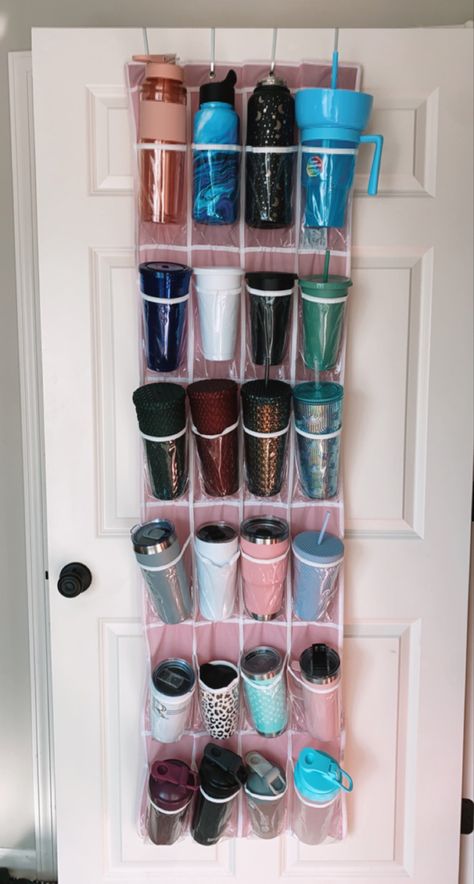 Crocs Storage Ideas, Storage Shelf Organization, Organization For Storage Room, Starbucks Cup Storage, Starbucks Cups Organization Ideas, Starbucks Cup Organizer, Cup Storage Ideas Kitchen Organization, Tumbler Cup Storage, To Go Cup Organization