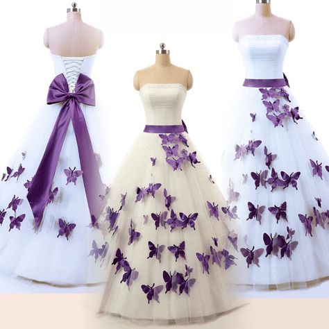 I'm loving these purple and white, and purple and ivory wedding dresses from RohmBridal! Wedding Dress Purple And White, Purple Blue And White Wedding Dress, White Wedding Dress With Purple Accents, Wedding Dress With Purple Butterflies, Wedding Dresses With Purple Printed Motifs, Royal Purple Wedding, Butterfly Wedding Dress, Purple Dresses Formal, Ivory Wedding Dresses