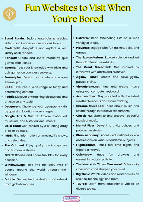 Feeling bored? 🎉 Check out these fun and engaging websites to brighten your day! From quirky games to creative inspiration, there's something for e#exploretheweb 
Full post here:
https://www.educatorstechnology.com/2023/05/35-fun-websites-to-visit-when-bored.html
#BoredomBusters #FunOnline #ExploreTheWeb Website That Helps You Find Words, Things To Do On A Computer When Bored, Games For When Your Bored Online, Fun Things To Do On Your Laptop, Research When Bored, Interesting Websites Fun, Game Websites For School, Website To Visit When Bored, Fun Things To Do On Your Computer