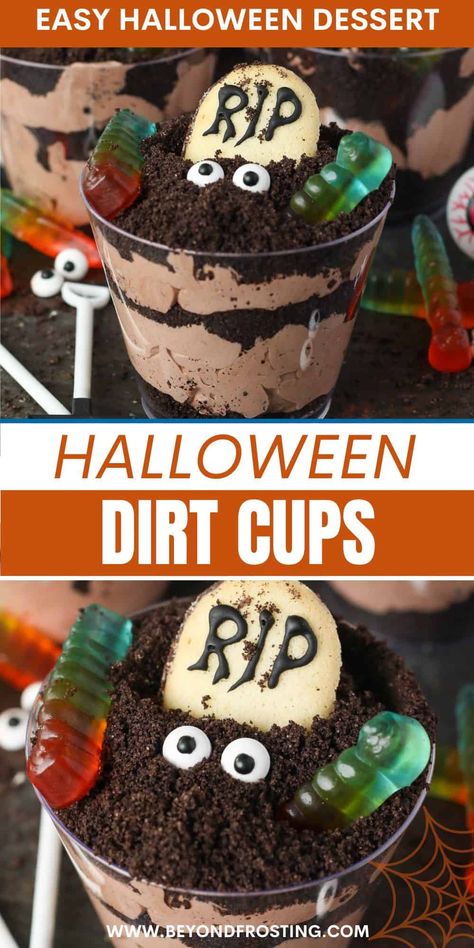 Halloween Dirt Pudding, Halloween Dirt Cups, Dirt Cake Cups, Dirt Pudding Recipes, Dirt Recipe, Halloween Dirt, Dirt Cups Recipe, Dirt Pudding Cups, Dirt Dessert