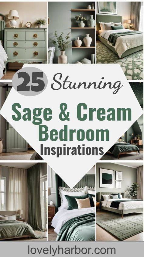 Ignite your creativity with these sage green and cream bedroom ideas! Transform your sleeping space into a serene sanctuary that whispers elegance and calmness. Perfect for anyone looking to create a restful retreat with a dash of sophistication. #BedroomDecor #SageGreen #HomeInspiration Reimagine your bedroom today! Sage Master Bedrooms Decor, Sage Bedroom Decor, Green And Cream Bedroom Ideas, Green Cream Bedroom, Sage Green Bedroom Walls, Sage Green Dresser, Sage Green And Cream Bedroom, Serene Bedroom Ideas, Green And Cream Bedroom