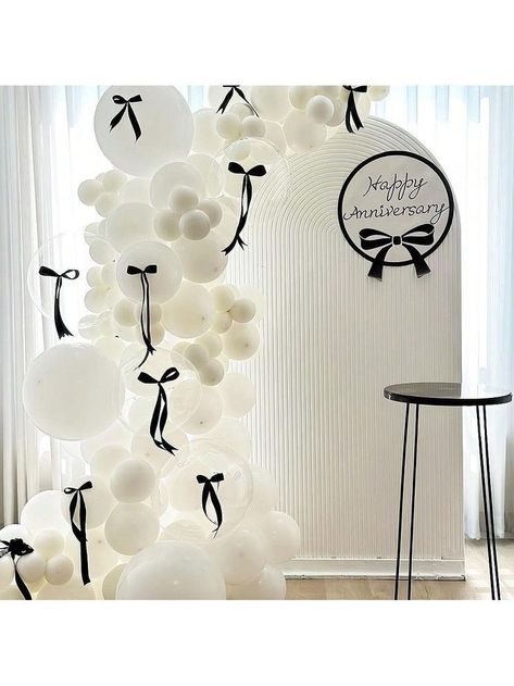 All Black Engagement Party, White And Black Engagement Party, Staircase Party Decor, White Engagement Party Decorations, Black White Birthday Party Decor, Black And White Balloon Decorations, Black And White Birthday Decor, Bow Decorations Party, Black And White Birthday Decorations