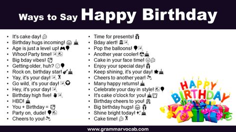 When someone’s special day rolls around, the traditional “Happy Birthday” greeting is a timeless classic. But sometimes, you may want to express your wishes in a way that’s a bit more unique. If you’re tired of the usual and want to make someone smile, chuckle, or feel loved, consider these cute, creative, and funny alternatives …<p class="read-more"> <a class="" href="https://grammarvocab.com/ways-to-say-happy-birthday/"> <span class="screen-reader-text">W... Happy Birthday Wishes In Different Ways, Different Way To Say Happy Birthday, Creative Ways To Say Happy Birthday, Birthday Wishes In Different Ways, Other Ways To Say Happy Birthday, Unique Ways To Say Happy Birthday, Unique Way To Wish Happy Birthday, Happy Birthday In Different Ways, Cute Ways To Say Happy Birthday