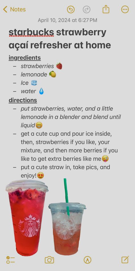 Recipes For Starbucks Drinks At Home, How To Make A Starbucks Strawberry Lemonade Refresher, Acai Starbucks Drink, Good Drinks From Starbucks, Refreshers Starbucks Recipe Diy, Starbucks Drinks Ingredients, Refreshing Drinks From Starbucks, Healthy Strawberry Refresher, Frozen Strawberry Acai Starbucks