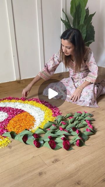 Unique Flower Rangoli, Unique Flower Rangoli Designs, Flower Rangoli For Diwali Festivals, Peacock Flower Rangoli, Rangoli Flowers Designs Ideas, Latest Rangoli Designs Creative 2024, Flower Decorations For Home Indian, Beautiful Rangoli Designs Peacock, Diwali Flower Decorations At Home