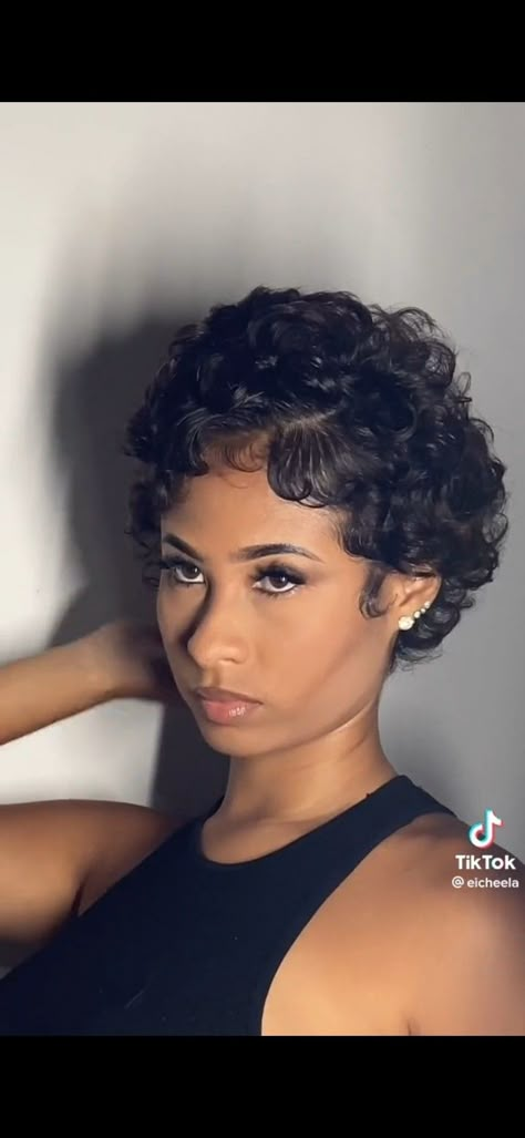 Short Army Haircut Women, Curly Pixie Bob Haircut Black Women, Curly Pixie Hairstyles For Black Women, Short Curly Hair With Side Part, Curly Finger Waves, Bald Curly Hair, Cute Short Cuts For Women, Fluffy Finger Waves, Short Hairstyle Black Women Curly