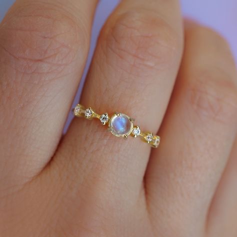 ✨ Moonlight Ring ✨ A radiant moonstone, and sparkling white topaz, set in solid 14k gold — a celestial treasure to light up your style. 🌙 Calm Night, Tiny Star, Blue Moonstone, Gemstone Jewelry Handmade, Ring Crafts, Topaz Stone, Moon Child, Topaz Ring, White Topaz