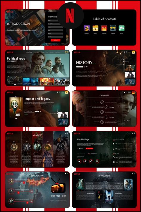 Looking for a creative way to present your next project? This Netflix-inspired PowerPoint template is perfect for you! With its bold colors, modern fonts, and stylish graphics, this template will help you stand out from the crowd. Try it today and see how your presentation can be more Ppt Movie Design, Slide Shows Presentation, Netflix Presentation Design, Creative Ideas For Presentations, Netflix Inspired Ppt Template, Netflix Ppt Template, Ppt Creative Design, Fun Powerpoint Design, Movie Presentation Design