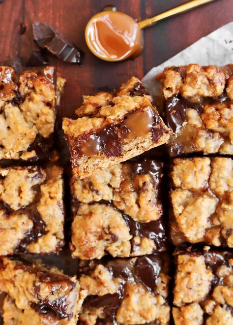 Salted Caramel Oatmeal Chocolate Chip Cookie Bars - Scientifically Sweet Salted Caramel Oatmeal, Strawberry Shortcake Cheesecake Bars, Oatmeal Chocolate Chip Cookie Bars, Caramel Oatmeal, Scientifically Sweet, Salted Caramel Sauce Recipe, Oatmeal Chocolate Chip Cookie, Oatmeal Chocolate Chip Bars, Caramel Cookies Bars