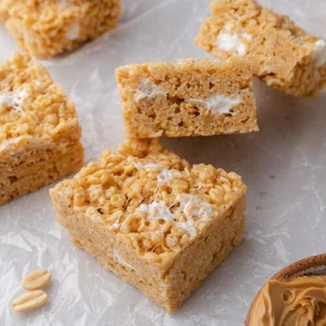 Peanut Butter Rice Krispy Treats with Marshmallows - Lifestyle of a Foodie Treats With Marshmallows, Peanut Butter Rice Krispie Treats, Lifestyle Of A Foodie, Gluten Free Marshmallows, Peanut Butter Marshmallow, Krispie Treats Recipe, Quick Treats, Krispy Treats, Rice Krispy