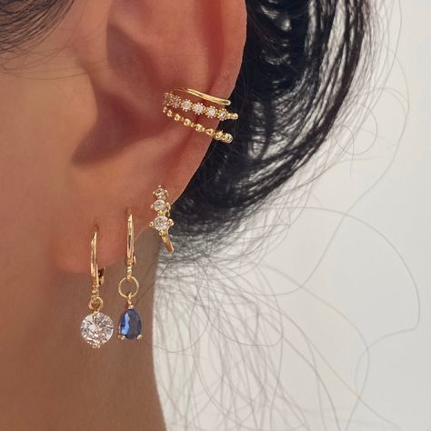 Aesthetic Gold Earrings, Gem Stone Earrings, Earring Stacks, Ear Stacks, Colourful Earrings, Earring Charm, Earring Stack, Piercing Inspo, Gem Earrings