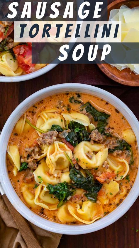 Hearty Italian Sausage and Tortellini Soup Slow Cooker Tortellini & Sausage Soup (super Creamy & Delish!), Healthy Italian Sausage Soup, Tortellini Soup With Italian Sausage Crock Pot, Healthy Sausage Tortellini Soup, Ground Beef Tortellini Soup, Italian Sausage And Tortellini Soup, Italian Sausage Tortellini Soup Crockpot, Italian Sausage Tortellini Recipes, Tortellini Pasta Soup