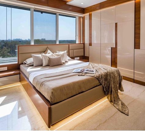 Bedroom Design With Window Behind Bed, Almira Design, Wardrobe Behind Bed, Window Behind Bed, Bedroom Window Design, External Design, Small Bedroom Interior, Window Designs, Bed Rest