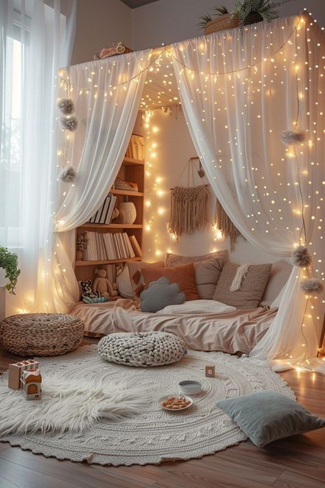 Fairy Lights Girls Bedroom, Fairy Lights Decor Living Room, Enchanted Playroom, Playroom Seating Ideas, Living Room Fairy Lights Ideas, String Lights In Bedroom, Playroom Canopy, Fairy Lights Bedroom Ideas, String Lights Bedroom