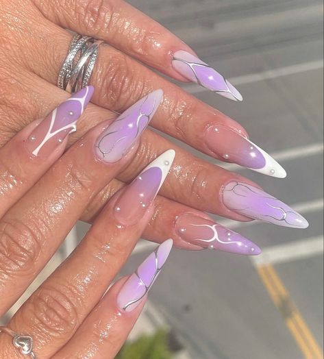 Purple Almond Gradient French Tip Inspo Nails Purple Stiletto Nails, Long Almond Nails, Chrome Nails Designs, Airbrush Nails, Purple Nail Designs, Lavender Nails, Stiletto Nails Designs, Cute Acrylic Nail Designs, Pearl Nails