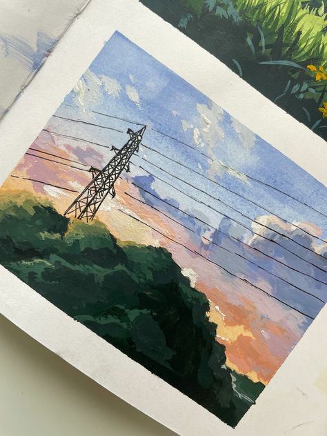 Ghibli Aesthetic Watercolor, Gouache Aesthetic Painting, Guache Painting Studio Ghibli, Easy Studio Ghibli Scenes To Paint, Painting Watercolor Landscape, Painting Ghibli Scenes, Ghibli Inspired Painting, Nature Watercolour Painting, Anime Landscape Painting