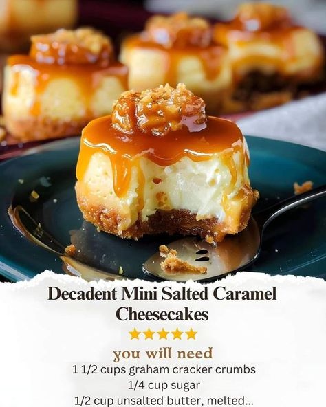 Giada De Laurentiis �� | Decadent Mini Salted Caramel Cheesecakes | Facebook Mini Salted Caramel Cheesecake, Mini Caramel Cheesecake, Caramel Cheesecake Bites, Chocolate Caramel Cheesecake, Caramel Cheesecake Recipes, Finger Desserts, Chef Jamie Oliver, Caramel Bites, Mini Dessert Recipes