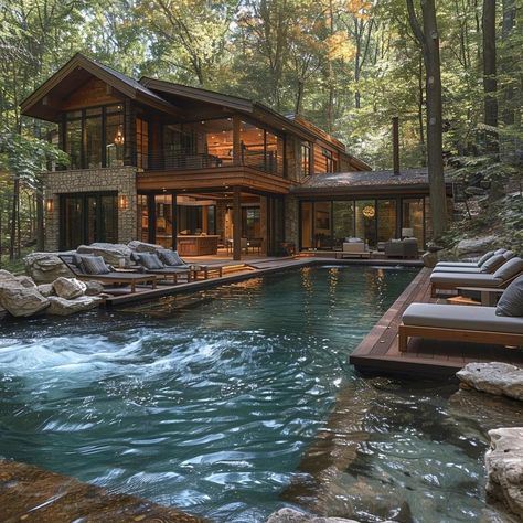 Dream House Woods, Beautiful Cabin Interior, Forest House Layout, Mansion In Woods, Luxury Forest House, Pacific Northwest Style Home, Homes In The Forest, Pool In The Woods, Homes In The Woods