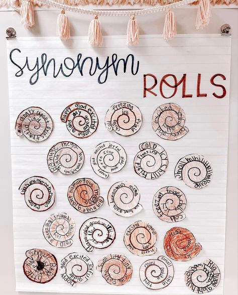 Synonym Cinnamon Rolls, Second Grade English Activities, Classroom Decor Language Arts, Fun Teacher Activities Classroom, Elementary Teacher Activities, Second Grade Classroom Activities, Synonym Rolls Activity, Cute Teaching Ideas, Second Grade Teaching Ideas