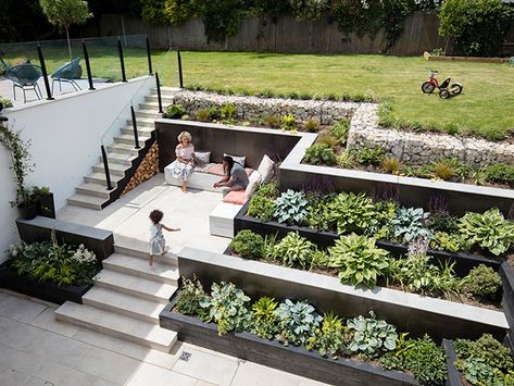 Steep Gardens, Sloped Backyard Landscaping, Richmond London, Sloped Backyard, Landscaping Retaining Walls, Garden Stairs, Tiered Garden, Hillside Landscaping, Sunken Garden