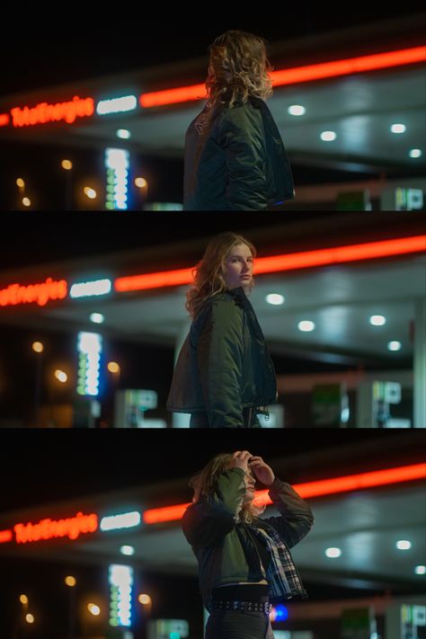 Night Light Photoshoot, Petrol Station Photography, Night Aesthetic Photography, Photography Low Light, 35mm Film Photography Aesthetic Night, Vintage Look Photoshoot, Night Cinematic Photography, Night Shoot Aesthetic, Night Aesthetic Portrait