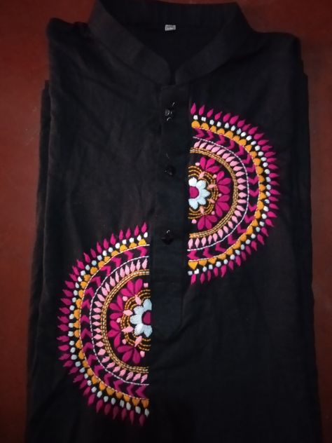 Pure cotton panjabi Patch Work Designs Ideas, Black Hand Embroidery, Panjabi Design, Kurta Embroidery, Fabric Paint Shirt, Embroidery Kurti, Kutch Work Designs, Simple Hand Embroidery Patterns, Fabric Painting On Clothes