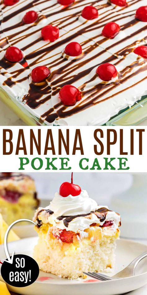 Harvest Desserts, Gooey Desserts, Instant Banana Pudding, Banana Pudding Poke Cake, Easy Cake Recipe, Pudding Poke Cake, Summer Cake Recipes, Banana Split Cake, Banana Split Dessert