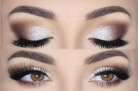 There are some makeup styles that are a popular pick for an everyday look and there are some that are absolutely reserved for the most glamorous and fancy Silver Glitter Makeup, Silver Glitter Eye Makeup, Teknik Makeup, Glittery Eye Makeup, Silver Eye Makeup, Make Up Designs, Wedding Eyes, Wedding Hairstyles And Makeup, Wedding Eye Makeup