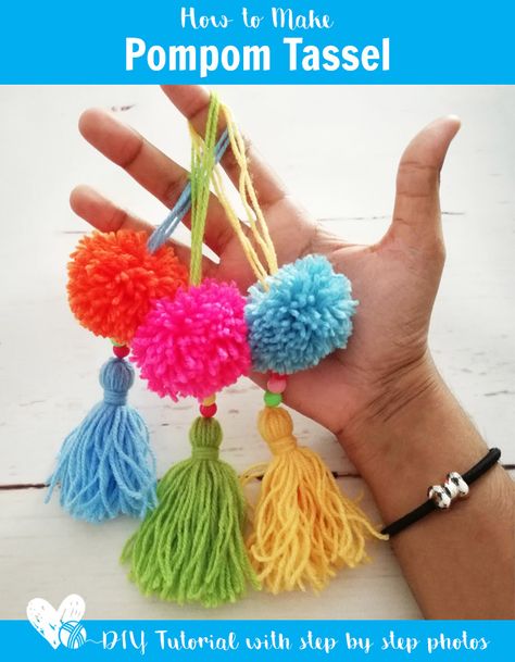 How to make pompom tassel - Easy DIY Tutorial Pompom Tassel Diy, Pompom Diy How To Make, How To Make Tassels Tutorials, Tassels Diy Tutorials, Happy Teddy Day, Pompom Tassel, Tassels Tutorials, Tassel Crafts, How To Make Tassels