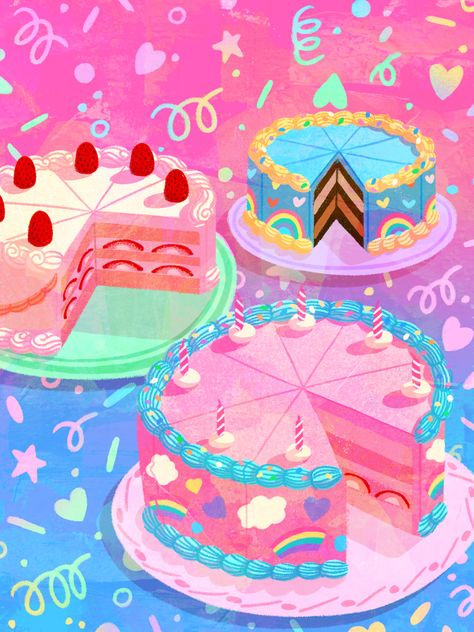 An illustration of colorful cakes Cute Cake Illustration, Cakes Illustration, Sweets Illustration, Birthday Illustrations, Jasmine Images, Palette Illustration, Dreamy Illustration, Birthday Artwork, Cake Colors