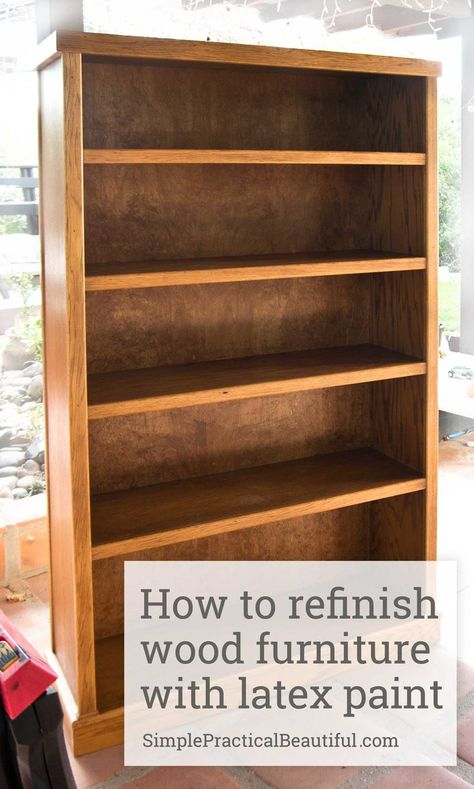 How to refinish a bookshelf or any wood furniture with latex paint | furniture makeover | refinishing | painting a bookcase Kids Furniture Makeover, Cheap Bookcase, Refinish Wood Furniture, Bookshelf Makeover, Painting Bookcase, Painted Bookshelves, Diy Kids Furniture, Dog House Diy, Diy Furniture Bedroom