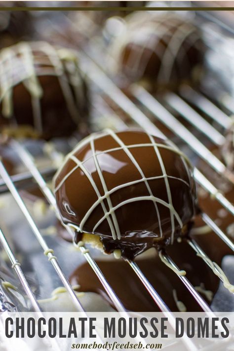 Chocolate-lover's dream, these impressive-looking mirror-glazed chocolate domes are made with two types of mousse inside - dark chocolate and almond! Sat on a circle of joconde sponge and served with an almond brittle, this is the most decadent rich desserts you'll ever taste! #chocolatedessert #chocolatedome #mousse Mousse Bombe Desserts, Domed Tartlets, Decadent Desserts Elegant, Domed Desserts, Chocolate Dome Dessert, Tiny Deserts, Sphere Desserts, Chocolate Mousse Dome, Elevated Desserts