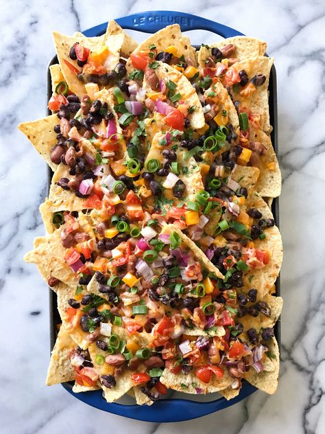 Ultimate Two-Bean Veggie Skillet Nachos | healthyGFfamily.com Nachos Chips Recipe, Veggie Nachos Recipe, Homemade Chips Recipe, Nacho Salad, Nachos Chips, Skillet Nachos, Veggie Nachos, Nachos Recipe Beef, Raw Salad