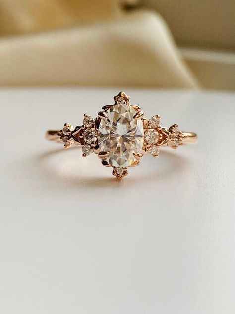 Oval Cut Genuine Moissanite Filigree Design Engagement Ring Wedding Jewelry Her Filigre Engagement Ring, Gold Minimalist Wedding Ring, German Wedding Rings, Wedding Rings Flower Shaped, Engagement Rings White Sapphire, Whimsical Wedding Ring Gold, Simple Boho Engagement Ring, Gold Wedding Rings Moissanite, Crystal Wedding Rings Unique